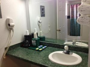 Hamilton Inn في Hamilton: منضدة الحمام مع الحوض والمرآة