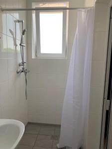 ein Bad mit einem Duschvorhang und einem Waschbecken in der Unterkunft ZIG ZAG in Kamjanez-Podilskyj