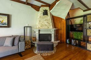 a living room with a fireplace and a tv at Splendid Villa Surrounded by Nature in Sapanca in Sakarya