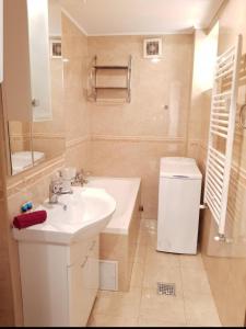 Baño blanco con lavabo y espejo en Baba Novac Apartment, en Bucarest