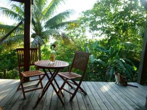 a table and two chairs and a cat sitting on a deck at Les jardins de Cousini&egrave;re in Vieux-Habitants