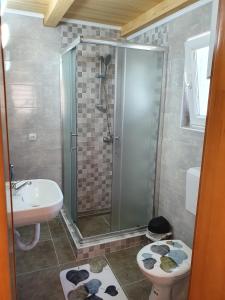 ein Bad mit einer Dusche, einem WC und einem Waschbecken in der Unterkunft Otoka Josikovic in Šipovo