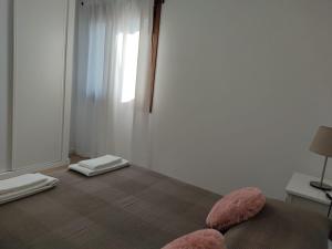sypialnia z łóżkiem z różowymi poduszkami na podłodze w obiekcie A Apartamentos Diego w mieście O Grove