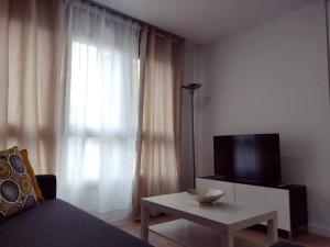 a living room with a couch and a tv and a table at A Apartamentos Diego in O Grove