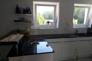 a kitchen with a black counter top and two windows at Penthouse in Schaan in Schaan