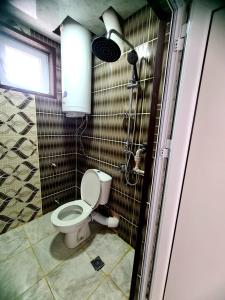 uma casa de banho com um WC e um chuveiro em Топ Център едностаен! em Razgrad