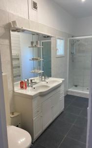 uma casa de banho com um lavatório, um chuveiro e um WC. em Les roses de l'Olivier em Les Rosiers