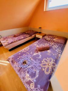 Šurany的住宿－Penzión Tyché，紫色地毯的客房内的两张床