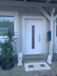 a white front door of a house with a plant at Schilcherland-Apartment in Stainz