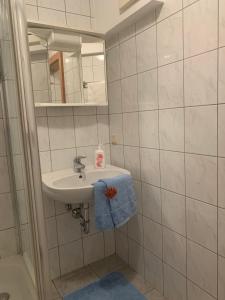 a bathroom with a sink and a mirror and a towel at Schilcherland-Apartment in Stainz
