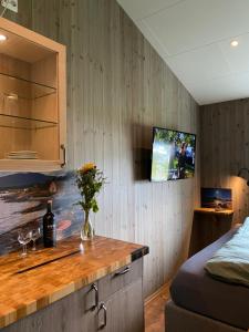 Habitación con encimera y TV en la pared. en Finnvikhaugen Rooms, en Meistervik