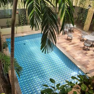 une grande piscine bordée d'un palmier dans l'établissement Grand Hotel KYRIOS Veracruz, à Veracruz