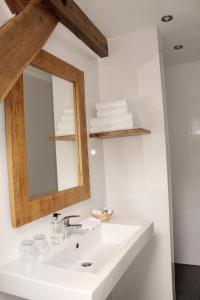 W łazience znajduje się umywalka, lustro i ręczniki. w obiekcie Bed & Breakfast Langlaar w mieście Nuenen
