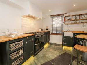 a kitchen with green cabinets and a counter top at Cobble Cottage in Kendal