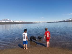 duas pessoas e um cão numa massa de água em Villmarksgård, hytte ved vannet em Hattfjelldal