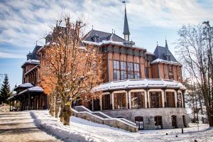 a large building in the snow with a tree in front at Małe Pieniny in Szczawnica