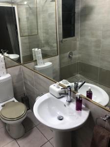 a bathroom with a sink and a toilet and a mirror at St Pete's Luxury Duplex Apartment - Perfect for the Single guest, Cosy Couple or the Friendly Family in Newton Park