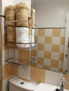 a bathroom with a toilet and a pile of towels at Apartamento Bornos&Huesca in Huesca