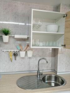 a kitchen counter with a sink in a kitchen at Apartamento Bornos&Huesca in Huesca