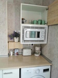 a kitchen with a microwave and a counter top at Apartamento Bornos&Huesca in Huesca