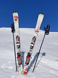 une paire de skis debout dans la neige dans l'établissement Au pied des pistes, à Saint-Aventin
