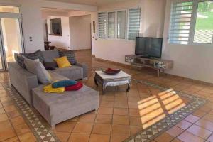 sala de estar con sofá y TV en Villa Maxim vue sur mer, en Fond Boucher