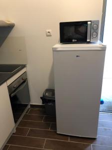 a microwave sitting on top of a refrigerator at Studio Lit Séparé Tarbes Centre in Tarbes +9 photos