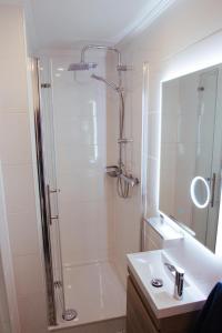 a bathroom with a shower and a sink and a mirror at Das Moselhaus in Ediger-Eller +39 photos