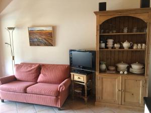 a living room with a couch and a tv at appartement in de Haute Savoie (Saint Jean de Sixt) in Saint-Jean-de-Sixt