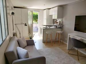 un salon avec un canapé et une cuisine dans l'établissement Charmant Studio sur cour à LYON 9e Mont d'or, à Lyon