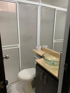 a bathroom with a toilet and a glass sink at Apartasol Santa Fe Oficial in Santa Fe de Antioquia