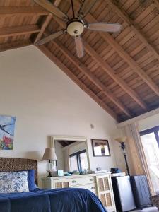 un ventilatore a soffitto in una camera con letto e specchio di Luxury Sapphire Beach Resort and Marina 1BR VII a East End