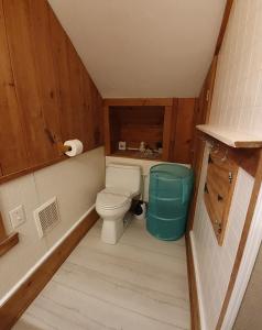 La petite salle de bains est pourvue de toilettes et d'une baignoire. dans l'établissement Oldest Town of Cape Cod In The Historic District, à Sandwich
