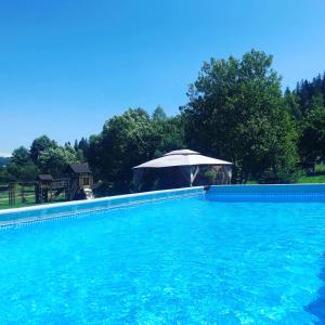 a blue swimming pool with an umbrella and a table at SOKIL HOUSE in Slavske