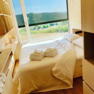 un letto in una camera con una grande finestra di Il Colle Verde - Il Nido Nero a Gualdo Cattaneo