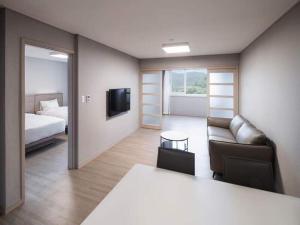 ソクチョにあるKumho Seorak Resortのソファ、ベッド、テレビが備わる客室です。