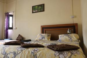 a bedroom with a bed with pillows on it at Mother Hostel in Varanasi
