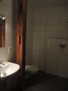 La salle de bains est pourvue de toilettes blanches et d'un lavabo. dans l'établissement Wohnwerk41, à Schwäbisch Hall