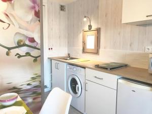 eine Küche mit einer Waschmaschine und einem Waschbecken in der Unterkunft Studio Les Remparts de Kerjouanno in Arzon
