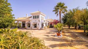 ein weißes Haus mit einer Palme davor in der Unterkunft Casa Rural Santa Ana in Marchena