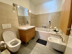 ダボスにあるAt Rinaldi 22のバスルーム(トイレ、洗面台、バスタブ付)