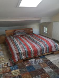 a bedroom with a bed with a colorful comforter at Chalet Herenhuet in Brienz
