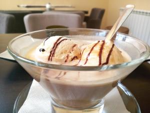 a bowl of ice cream with a spoon in it at Guesthouse Eko Piva in Pluzine