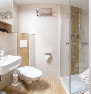 a bathroom with a shower and a toilet and a sink at Waldgaststätte Sennhütte in Bad Frankenhausen