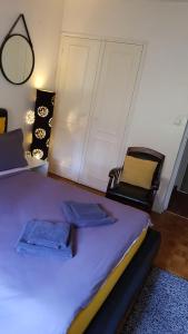 ein Schlafzimmer mit einem lila Bett und einem Stuhl in der Unterkunft Le Mans bienvenue in Le Mans
