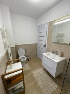 a bathroom with a white sink and a toilet at Cozy House Neustadt in Cristian