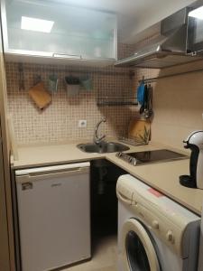 eine kleine Küche mit Spüle und Waschmaschine in der Unterkunft La Rosa de Barbate in Barbate