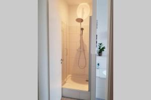 a bathroom with a shower with a glass door at Ferienwohnung im alten Waschhaus in Spremberg +5 photos