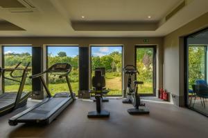 a gym with cardio equipment and large windows at Warren House Hotel in Kingston upon Thames