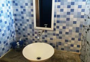 baño con aseo blanco en azulejos azules y blancos en Sítio São Francisco - Um Refúgio Off-Road no Alto da Serra da Mantiqueira, en Delfim Moreira